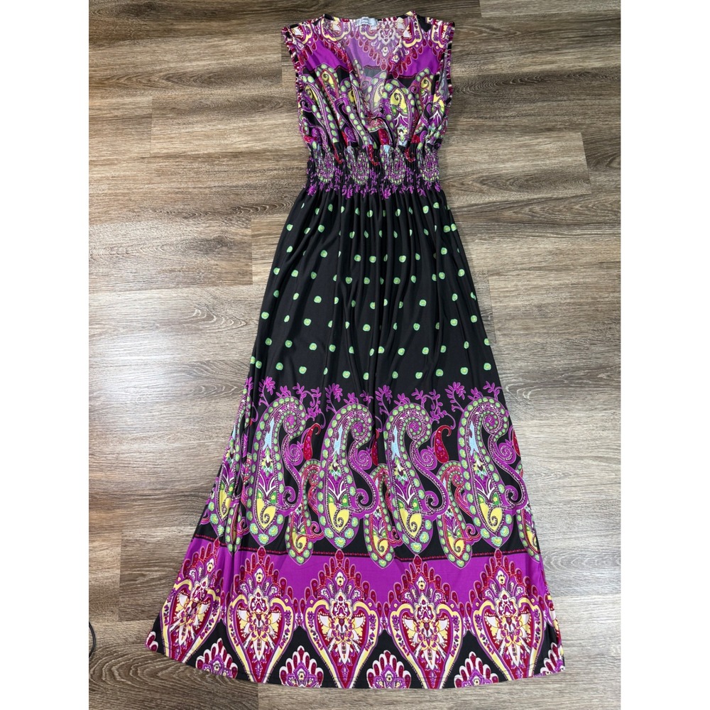 Plum Feathers Maxi Dress Polka Dot Smocked Waist Womens L Purple Paisley